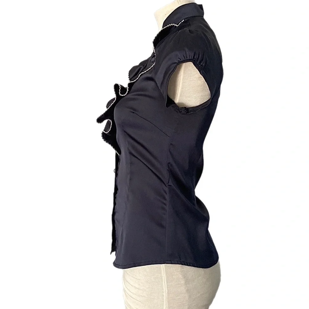TEMT dark navy satiny puff short sleeve Blouse Ruffle front - Picture 5 of 8